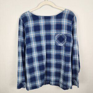 J. Jill Plaid Top Shirt Size Large Blue Button Back Long Sleeve 100% Cotton‎